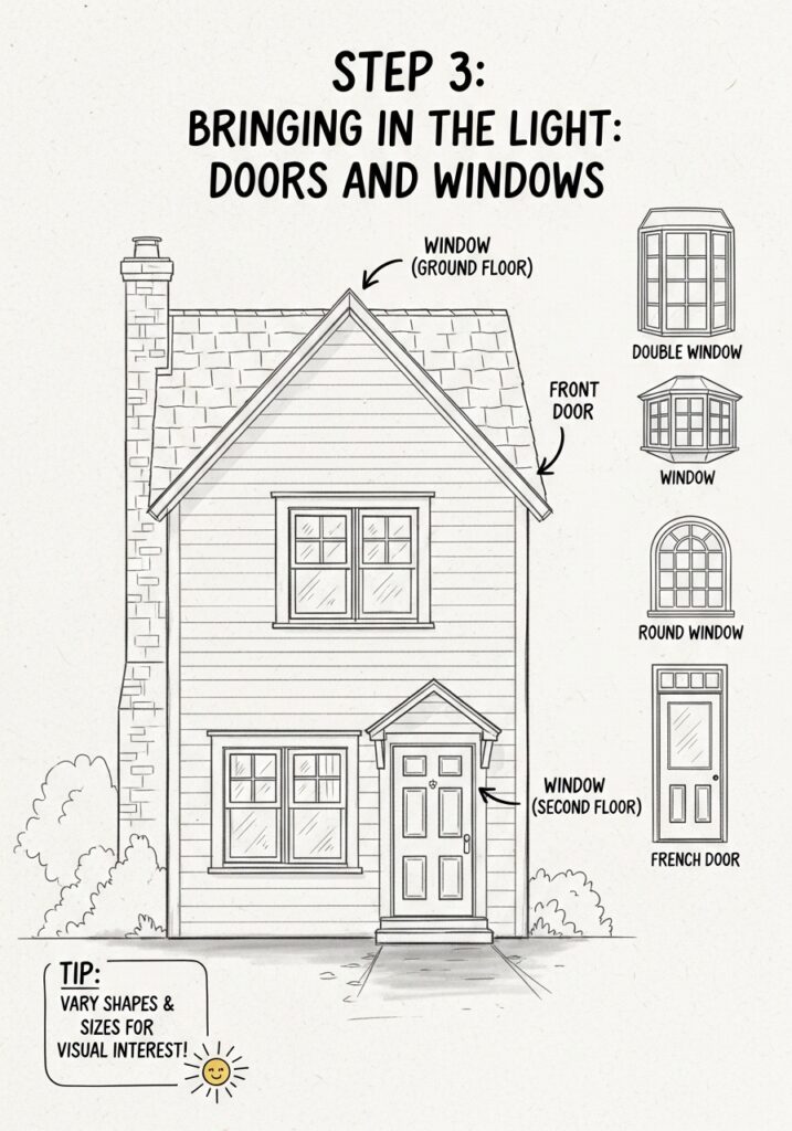 House illustration showing door and window types, including double, round, and French windows for design variety.