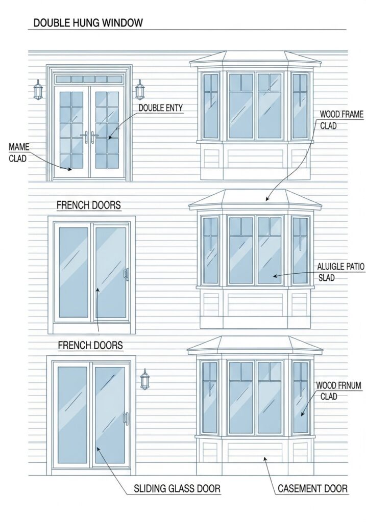 Diagram showcasing double hung windows, French doors, and sliding glass doors with wood and aluminum clad frames.