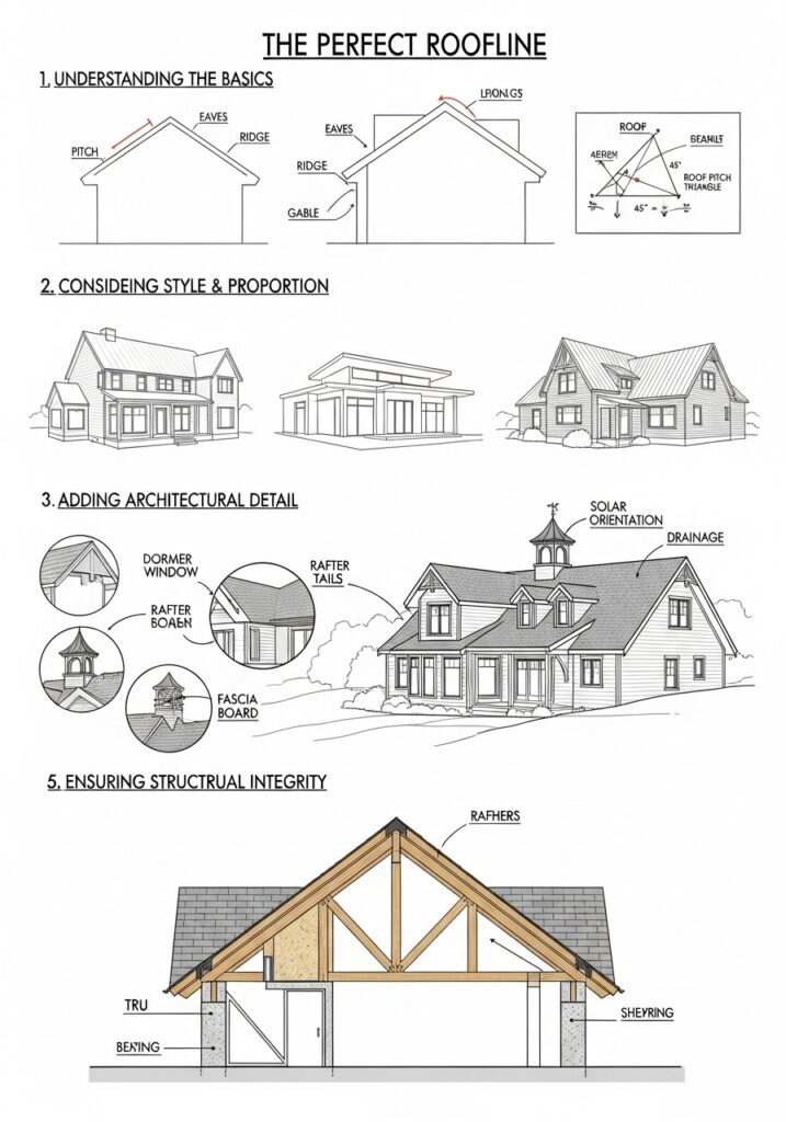 Infographic showing elements of a perfect roofline, including basics, style, details, and structural integrity.