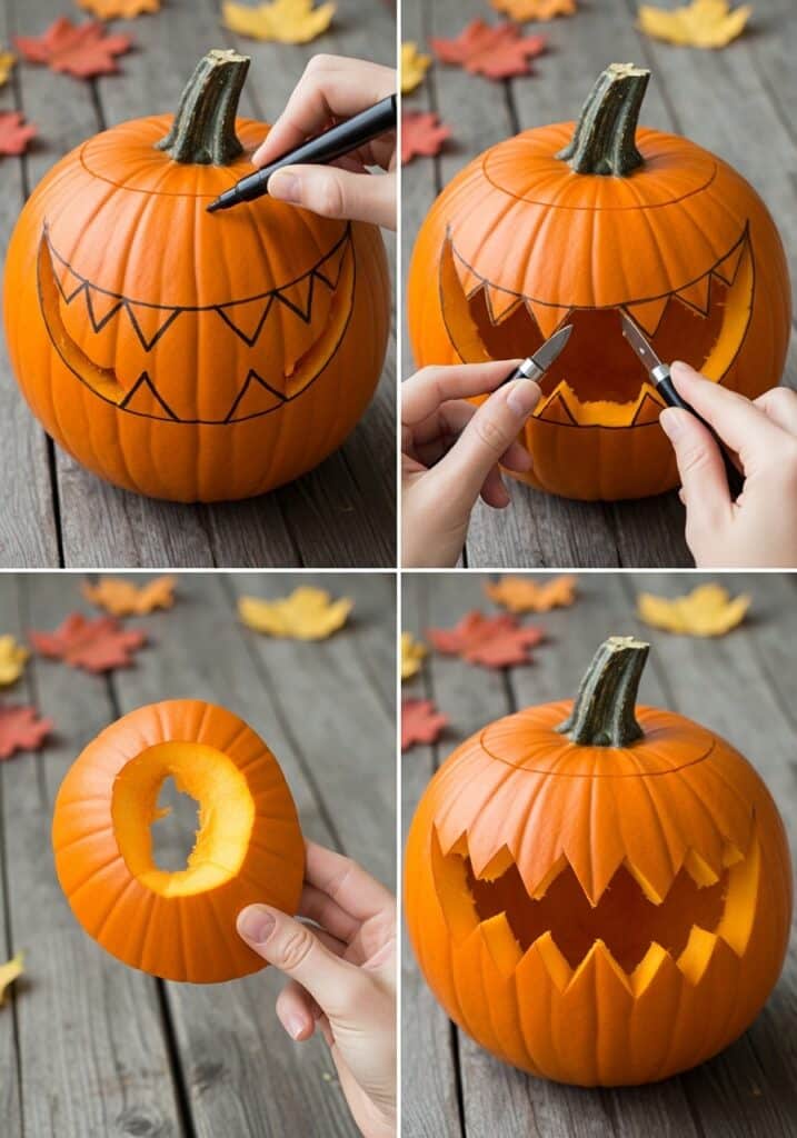 ai-generated-how_to_draw_mouth_in_pumpkin-1 Pumpkin carving steps: drawing, cutting, and finishing a jack-o'-lantern with a spooky face on a wooden table. | Sky Rye Design Pumpkin carving steps: drawing, cutting, and finishing a jack-o'-lantern with a spooky face on a wooden table.