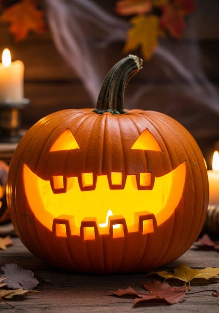 ai-generated-how_to_draw_mouth_in_pumpkin-3 Carved Jack-o'-lantern with glowing face, surrounded by autumn leaves and candles for Halloween decor. | Sky Rye Design Carved Jack-o'-lantern with glowing face, surrounded by autumn leaves and candles for Halloween decor.