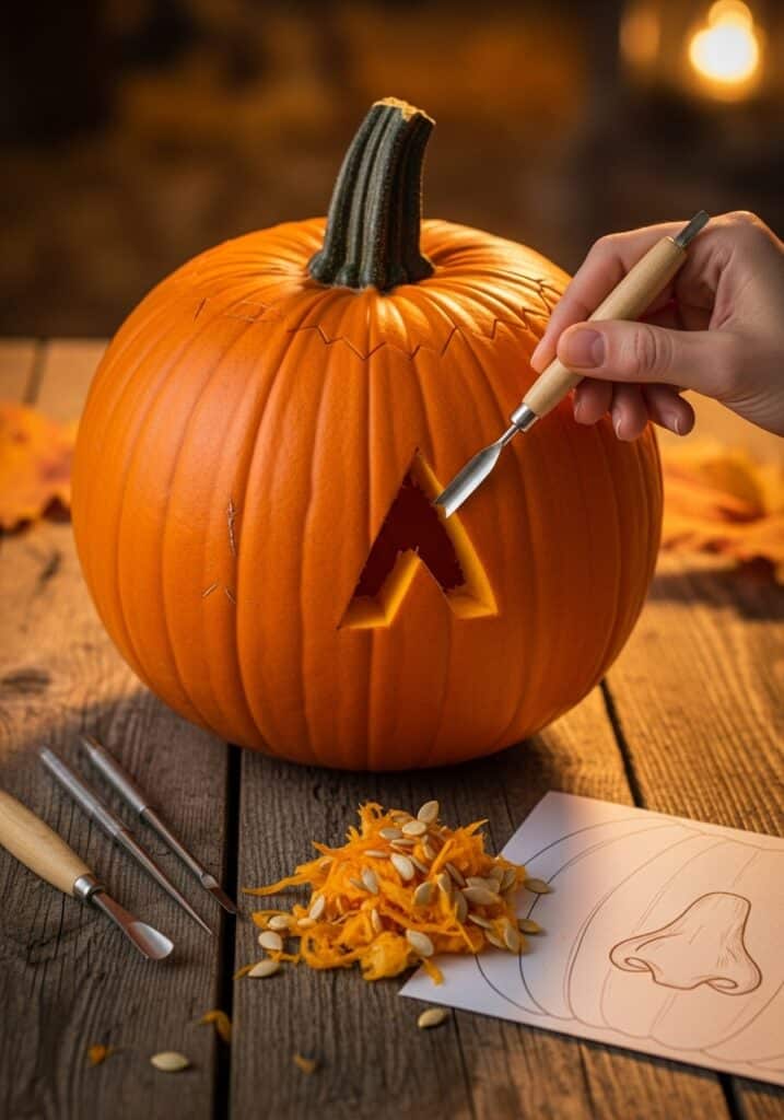ai-generated-how_to_draw_nose_in_pumpkin-1 Hand carving a triangle on a pumpkin with tools and seeds nearby. Perfect for Halloween decoration ideas. | Sky Rye Design Hand carving a triangle on a pumpkin with tools and seeds nearby. Perfect for Halloween decoration ideas.