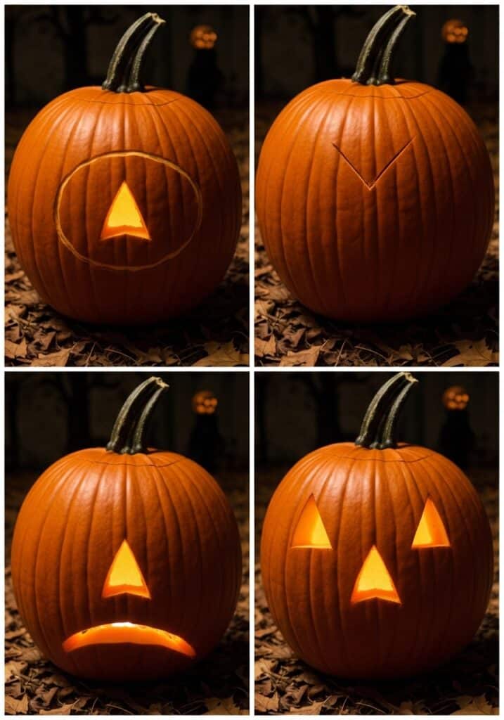 ai-generated-how_to_draw_nose_in_pumpkin-3 Step-by-step carved pumpkin faces, transitioning from simple cuts to a classic jack-o'-lantern, surrounded by autumn leaves. | Sky Rye Design Step-by-step carved pumpkin faces, transitioning from simple cuts to a classic jack-o'-lantern, surrounded by autumn leaves.