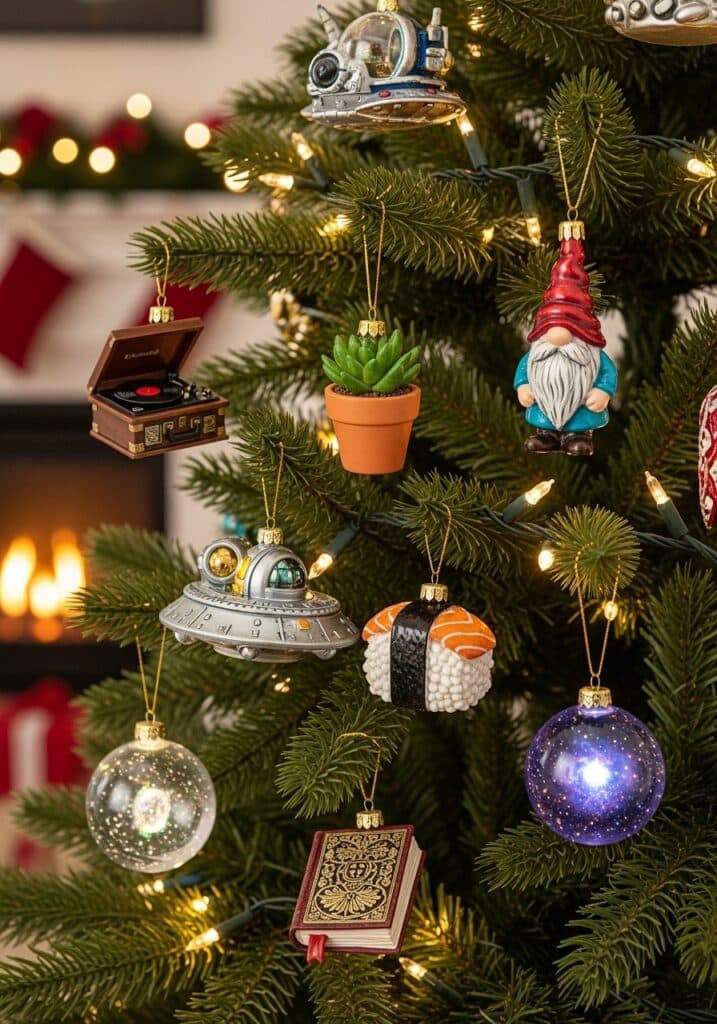 Decorated Christmas tree with unique ornaments like a gnome, spaceship, sushi, and a vinyl record, with lights aglow.
