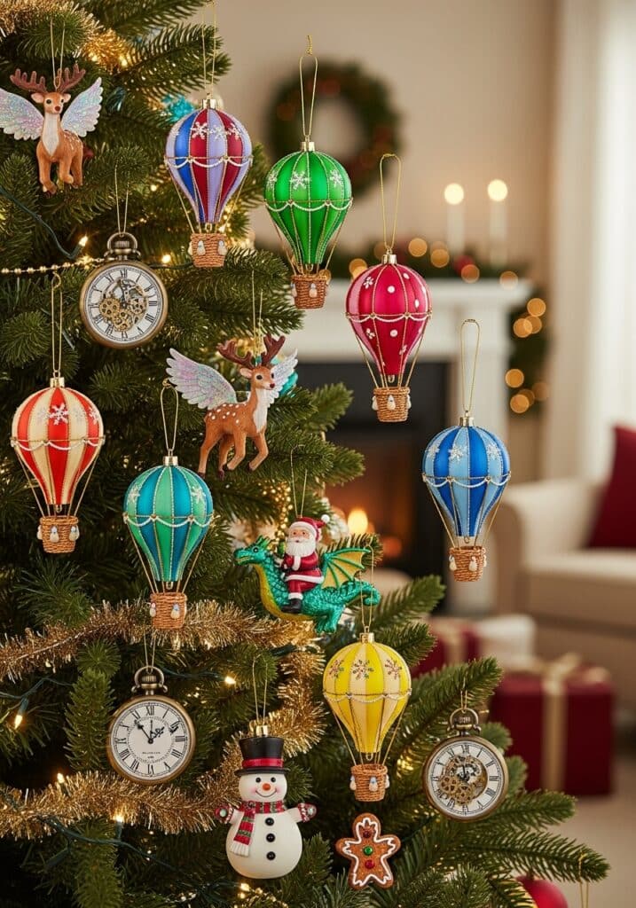 Colorful hot air balloon and festive ornaments decorate Christmas tree with lights and holiday cheer.
