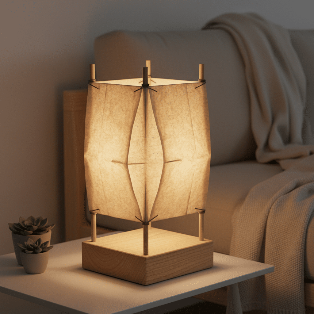 Modern geometric table lamp with warm light on a side table near a cozy sofa and plants.