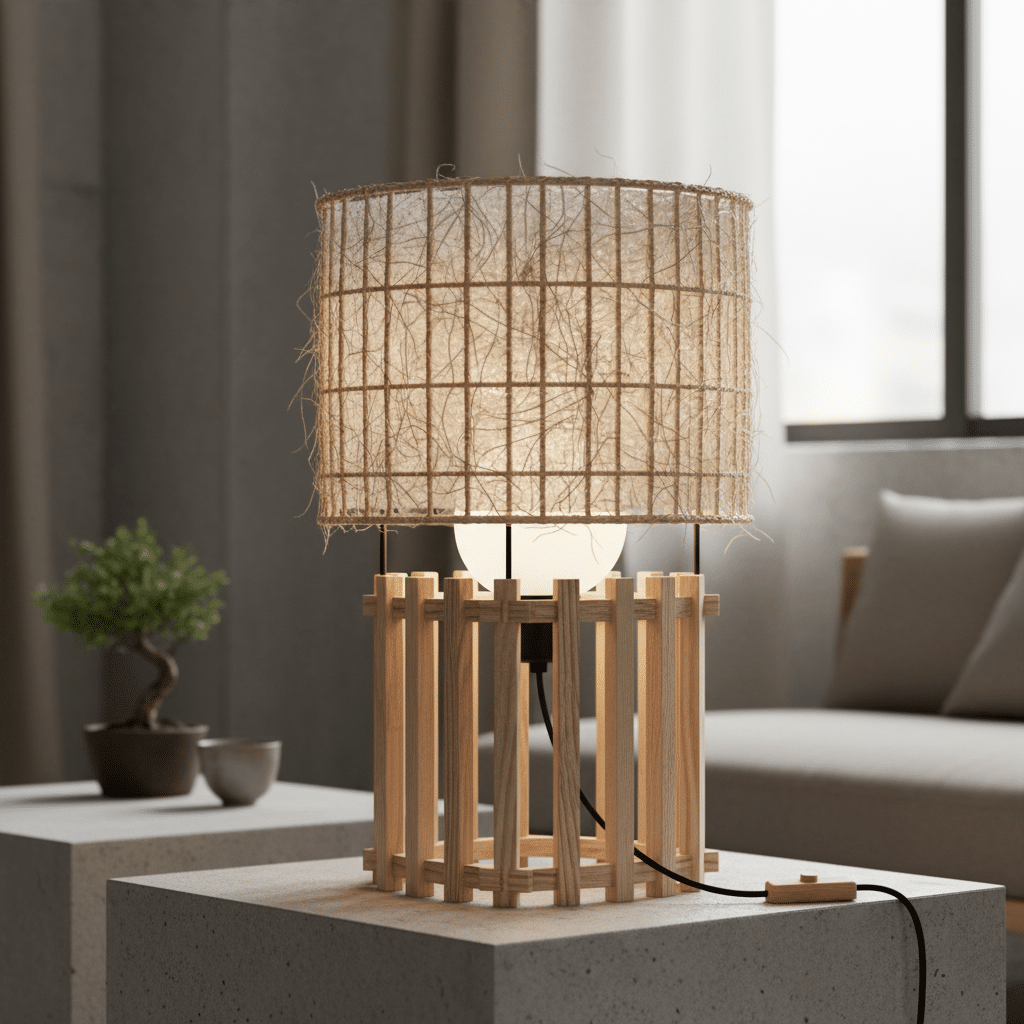 Modern table lamp with wooden frame and fabric shade on a concrete table in a cozy living room.
