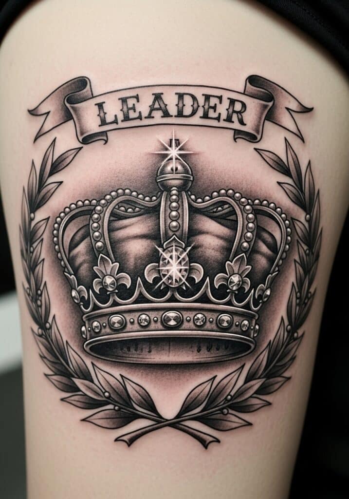 ai-generated-leader_crown_tattoo_ideas-1 Intricate crown tattoo design with Leader banner, decorated with detailed laurel leaves and sparkling gemstones. | Sky Rye Design Intricate crown tattoo design with Leader banner, decorated with detailed laurel leaves and sparkling gemstones.