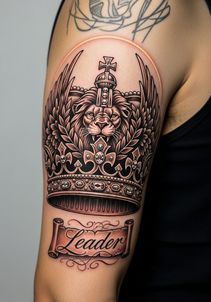 ai-generated-leader_crown_tattoo_ideas-2 Lion and crown tattoo on an arm with Leader scroll, symbolizing strength and authority. | Sky Rye Design Lion and crown tattoo on an arm with Leader scroll, symbolizing strength and authority.