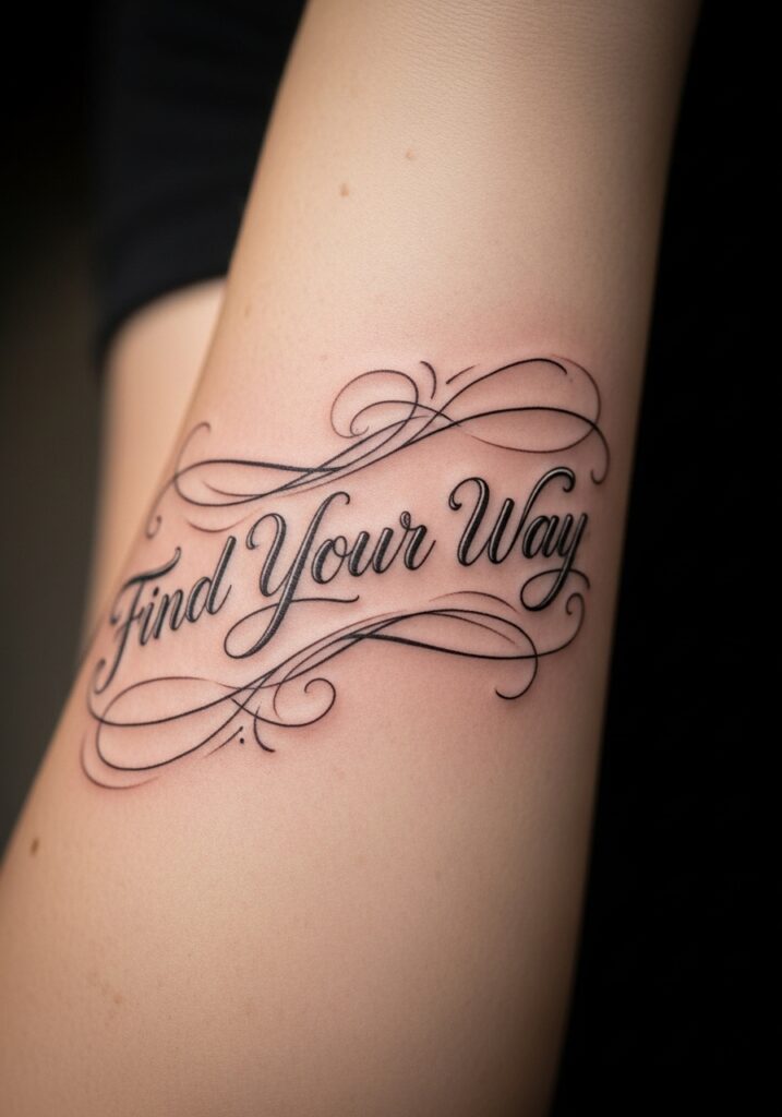 Elegant arm tattoo with the words Find Your Way in decorative script, emphasizing personal journey and inspiration.