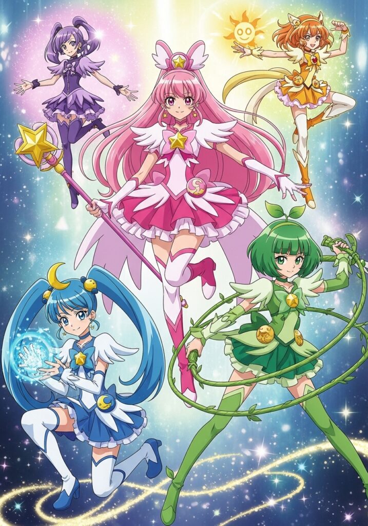 Anime magical girls in colorful outfits with cosmic backgrounds and glowing powers.