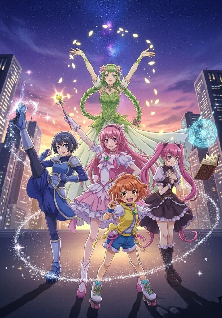 Five magical anime characters posing in a cityscape, surrounded by sparkles and glowing elements.