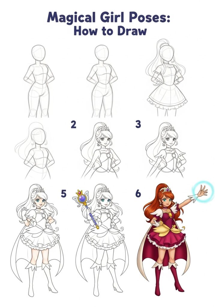 Guide to drawing magical girl poses in six steps, from sketch to colored illustration.