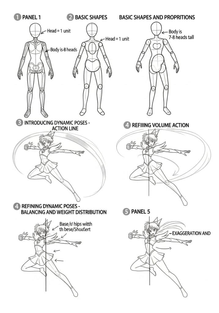 Illustration guide on drawing dynamic poses, showing basic shapes, action lines, and refined volume actions.