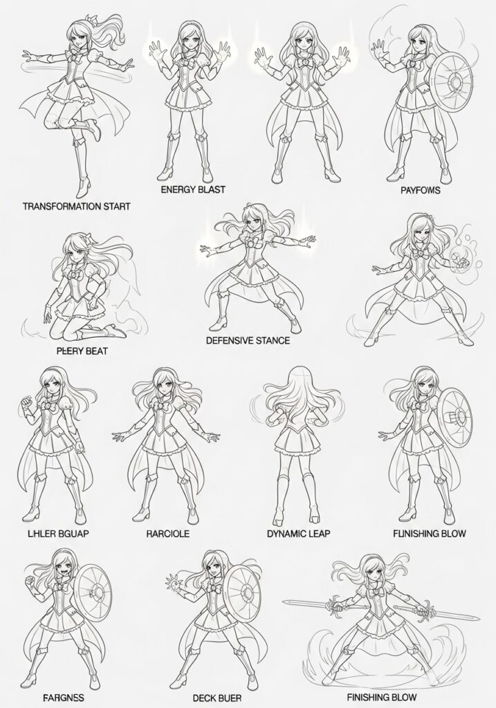 Anime character in various battle stances with captions like Transformation Start, Energy Blast, and Finishing Blow.