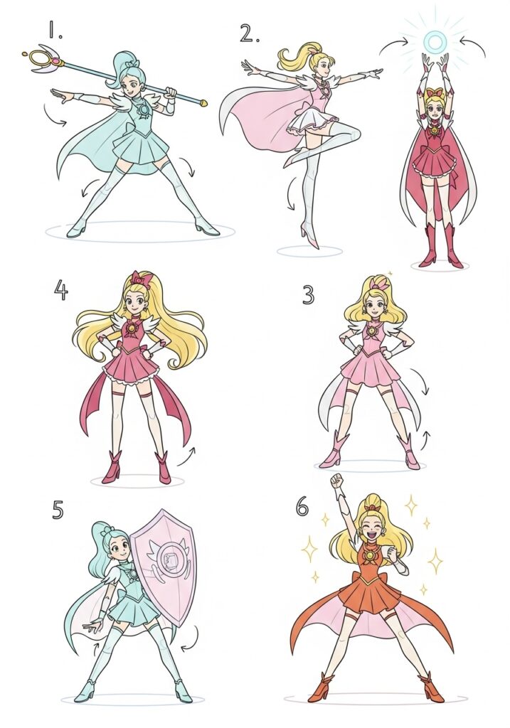 Illustration of six magical girl transformations with colorful costumes and dynamic poses.