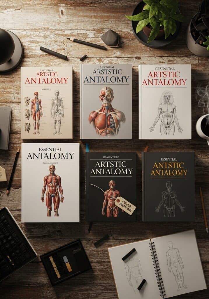 Anatomy books for artists on a wooden table surrounded by drawing tools and plants, ideal for figure drawing studies.
