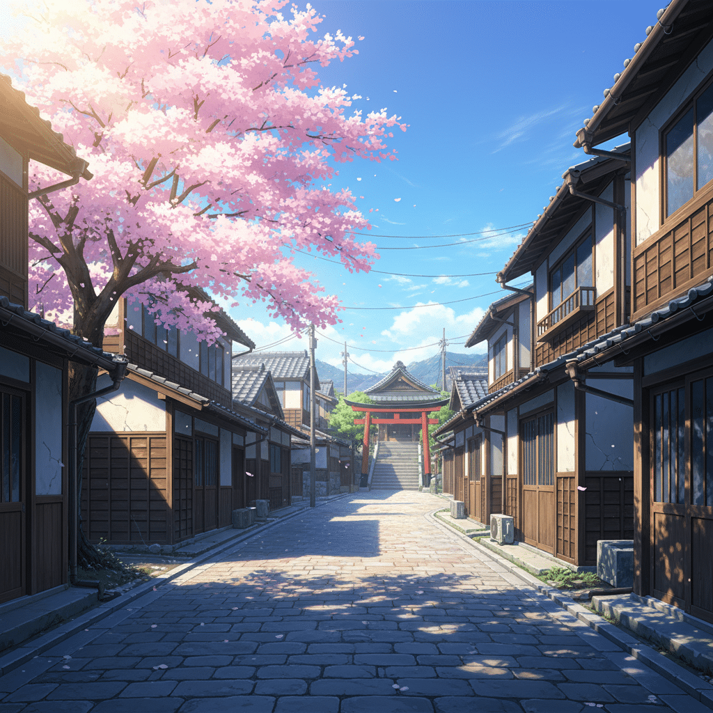 ai-generated-mastering_anime_environments_a-3 Japanese street scene with cherry blossoms, traditional houses, and a torii gate under a clear blue sky. | Sky Rye Design Japanese street scene with cherry blossoms, traditional houses, and a torii gate under a clear blue sky.
