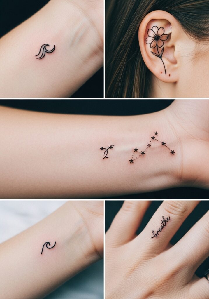 ai-generated-micro_tattoo_trends-1 Minimalistic tattoos: flower on ear, wave on wrist, constellation, and breathe script on finger. Elegant small designs. | Sky Rye Design Minimalistic tattoos: flower on ear, wave on wrist, constellation, and breathe script on finger. Elegant small designs.