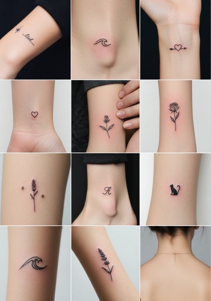 ai-generated-micro_tattoo_trends-2 Collection of minimalist tattoos: wave, heart, flower, cat, script letter, and lavender designs on different body parts. | Sky Rye Design Collection of minimalist tattoos: wave, heart, flower, cat, script letter, and lavender designs on different body parts.