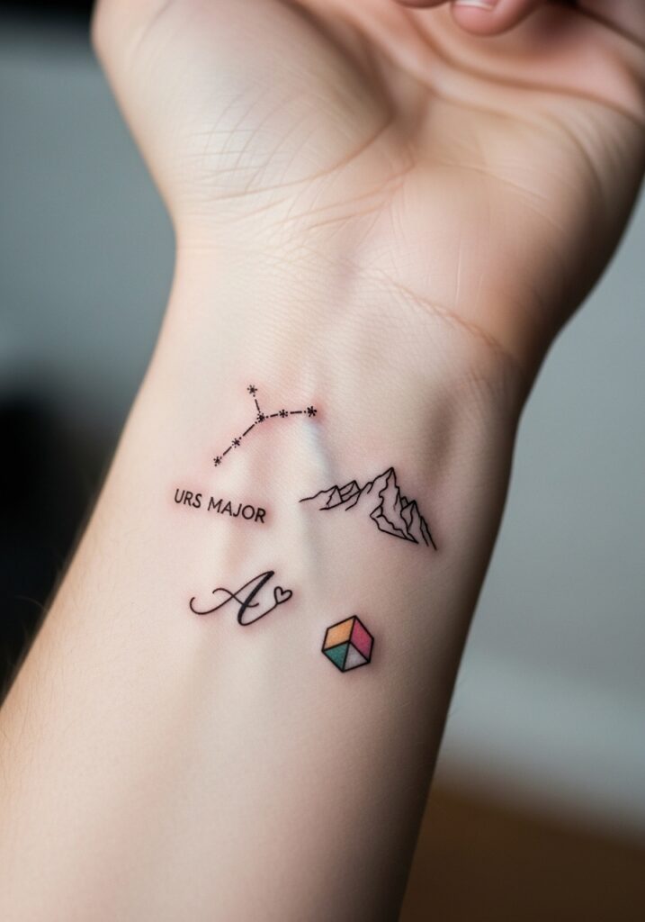 ai-generated-micro_tattoo_trends-3 Wrist tattoos with constellations, mountains, letter A with heart, and colorful cube design. Minimalist style. | Sky Rye Design Wrist tattoos with constellations, mountains, letter A with heart, and colorful cube design. Minimalist style.