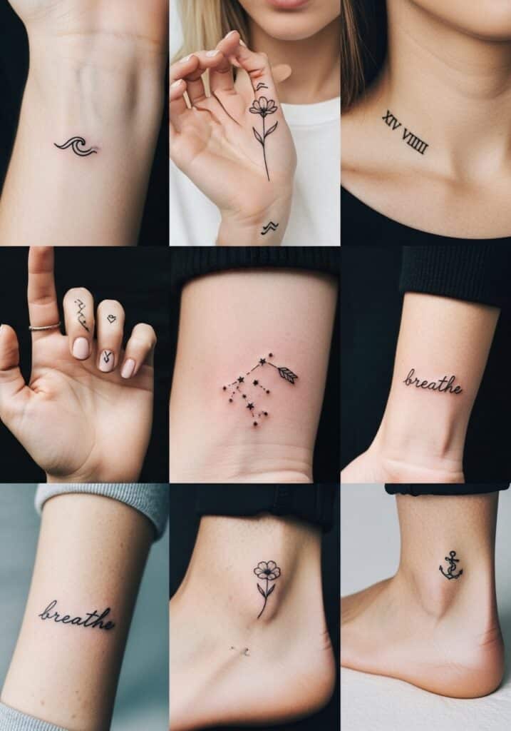 ai-generated-micro_tattoo_trends-4 Collection of minimalist tattoos: waves, flower, Roman numerals, constellations, breathe, anchor on skin. | Sky Rye Design Collection of minimalist tattoos: waves, flower, Roman numerals, constellations, breathe, anchor on skin. Micro tattoos