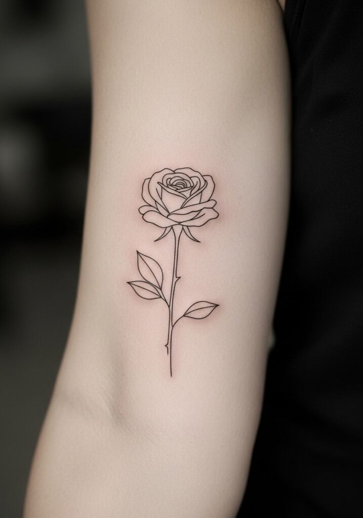 ai-generated-minimalist_flower_tattoo-1 Minimalist rose line art tattoo on arm, featuring elegant design and delicate lines. | Sky Rye Design Minimalist rose line art tattoo on arm, featuring elegant design and delicate lines.