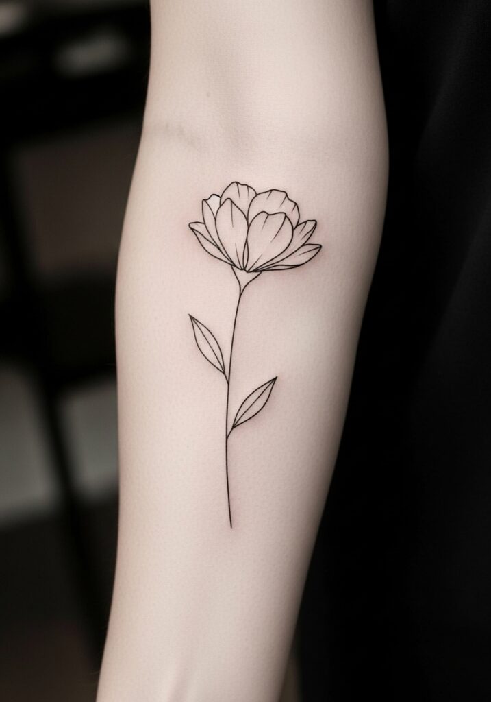 ai-generated-minimalist_flower_tattoo-3 Minimalist flower tattoo design on inner forearm, featuring a simple line art style with leaves and a blooming flower. | Sky Rye Design Minimalist flower tattoo design on inner forearm, featuring a simple line art style with leaves and a blooming flower.
