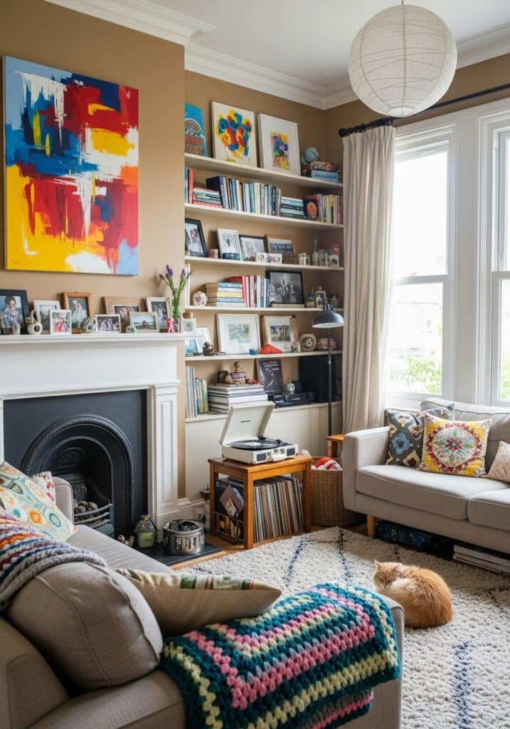 ai-generated-personalized_home_design-3 Cozy living room with abstract art, bookshelves, record player, and cat sleeping on a rug by the fireplace. | Sky Rye Design Cozy living room with abstract art, bookshelves, record player, and cat sleeping on a rug by the fireplace.