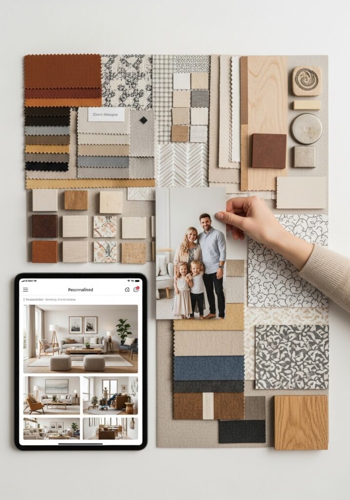 ai-generated-personalized_home_design-4 Interior design mood board with fabric swatches, photo of a family, and tablet displaying room images. | Sky Rye Design Interior design mood board with fabric swatches, photo of a family, and tablet displaying room images.