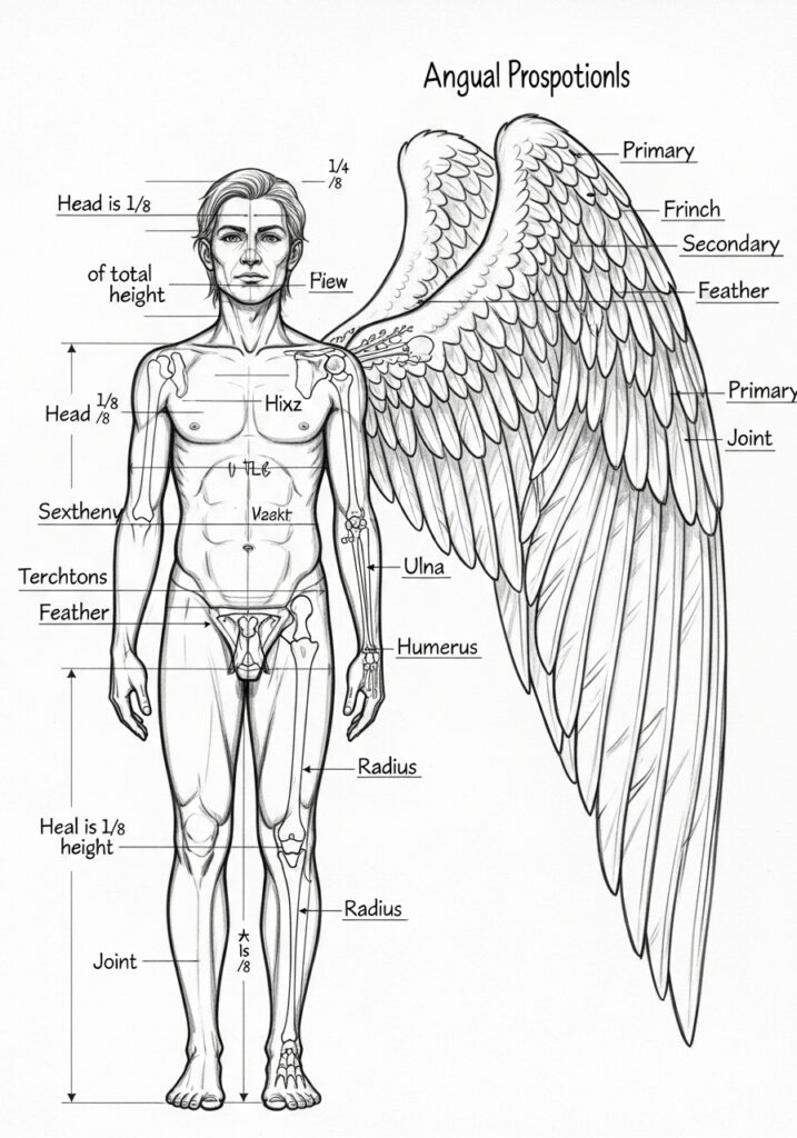 Illustration of human anatomy with angel wings, showing labeled body proportions and wing structure.
