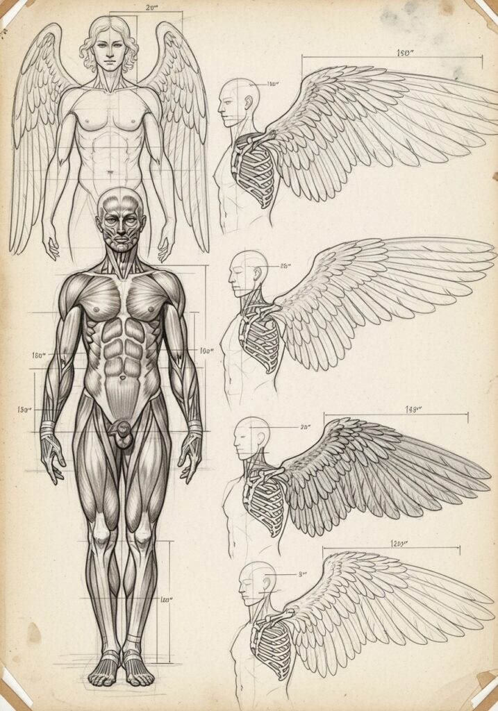 Illustration of human anatomy with wings, showing muscles and skeletal structure in detailed sketches.