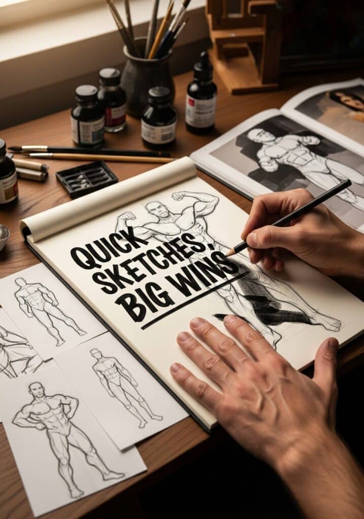 Artist sketching superhero with text Quick Sketches Big Wins on notepad, surrounded by drawing tools and sketches.