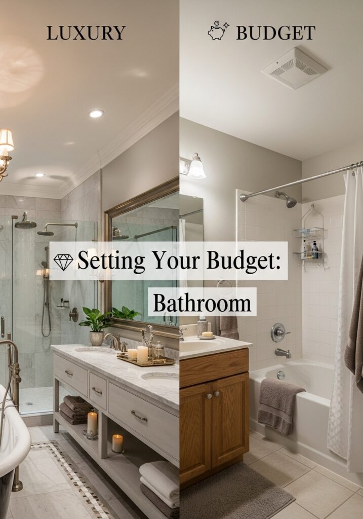 Luxury vs budget bathroom design comparison showing elegant and affordable decor options.