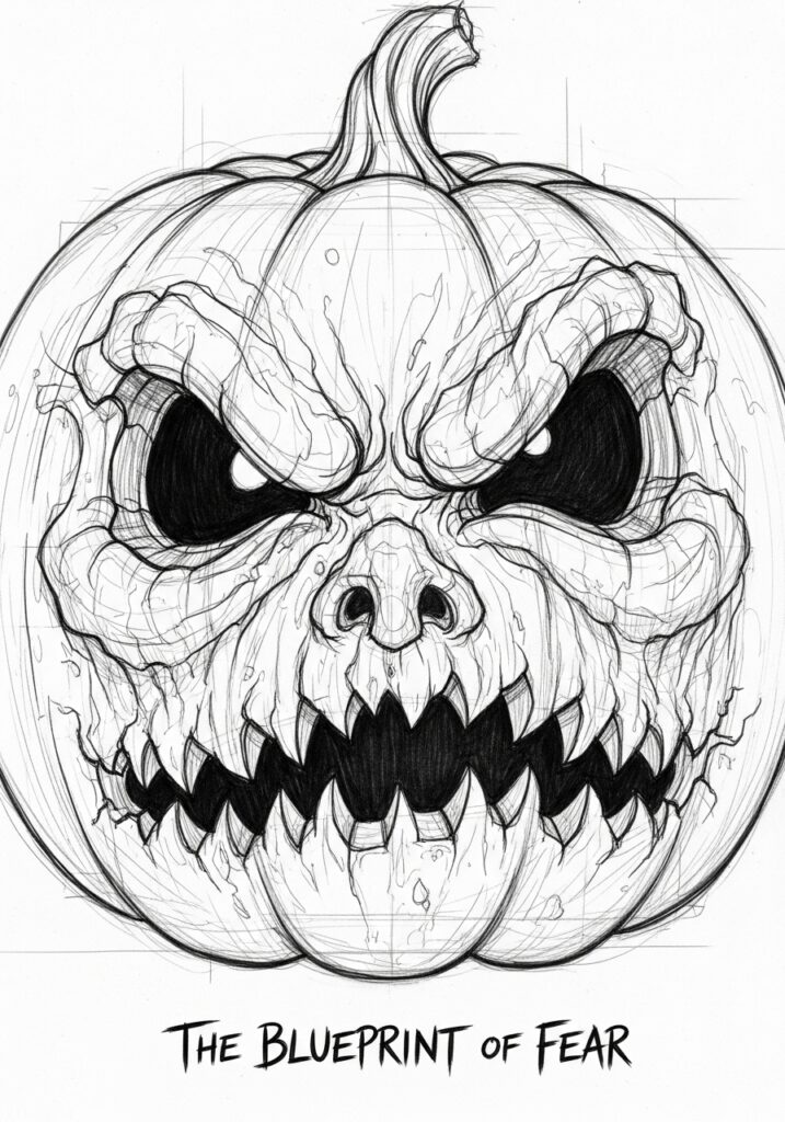 ai-generated-sketching_the_face___the_bluep-2 Scary pumpkin sketch with fierce eyes and sharp teeth, titled The Blueprint of Fear. Perfect for Halloween themes. | Sky Rye Design Scary pumpkin sketch with fierce eyes and sharp teeth, titled The Blueprint of Fear. Perfect for Halloween themes.