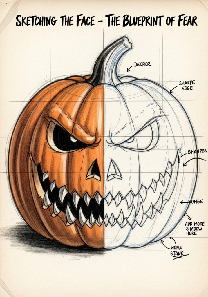 ai-generated-sketching_the_face___the_bluep-3 Drawing of a detailed pumpkin face, half-colored, showcasing sketching and shading techniques for a spooky Halloween look. | Sky Rye Design Drawing of a detailed pumpkin face, half-colored, showcasing sketching and shading techniques for a spooky Halloween look.