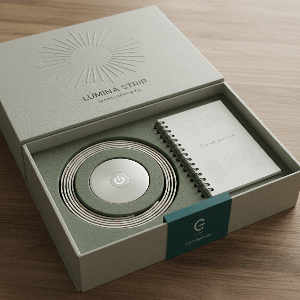 ai-generated-smart_led_strip_gift-1 Smart lighting kit package with Lumina Strip and instruction booklet on a wooden table. | Sky Rye Design Smart lighting kit package with Lumina Strip and instruction booklet on a wooden table.