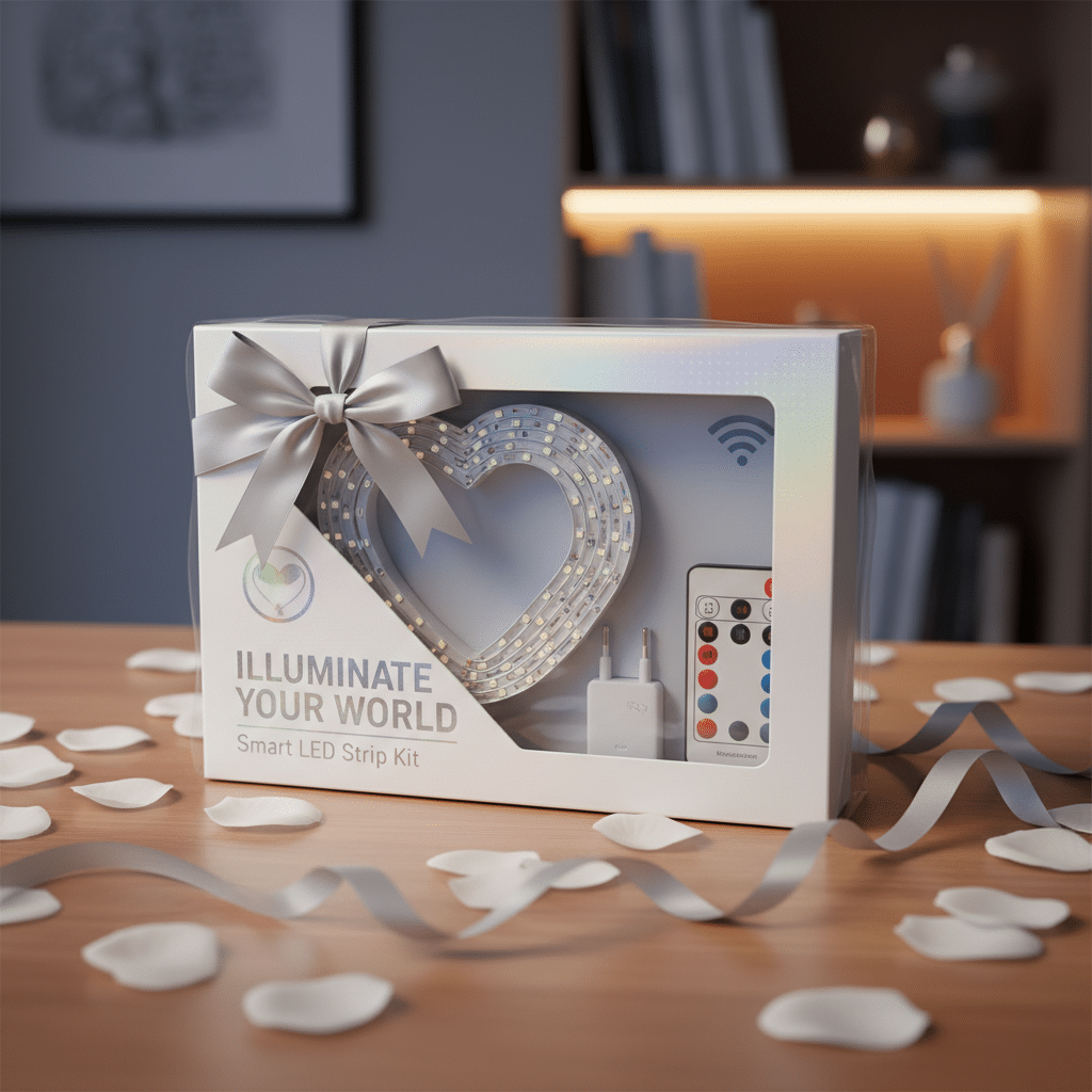 ai-generated-smart_led_strip_gift-2 Smart LED Strip Kit in heart shape with remote, beautifully presented with ribbon and petals on a wooden table. | Sky Rye Design Smart LED Strip Kit in heart shape with remote, beautifully presented with ribbon and petals on a wooden table.