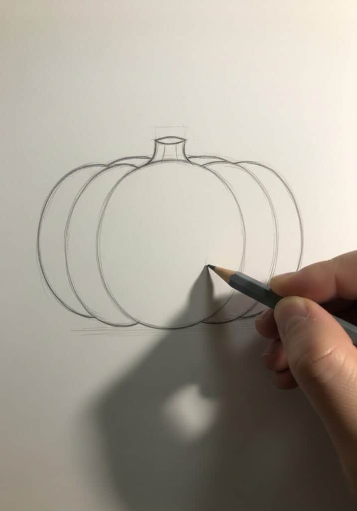 ai-generated-step_1__the_basic_shape___your-2 Hand drawing a pumpkin outline with pencil on paper, showcasing sketching technique. | Sky Rye Design Hand drawing a pumpkin outline with pencil on paper, showcasing sketching technique.