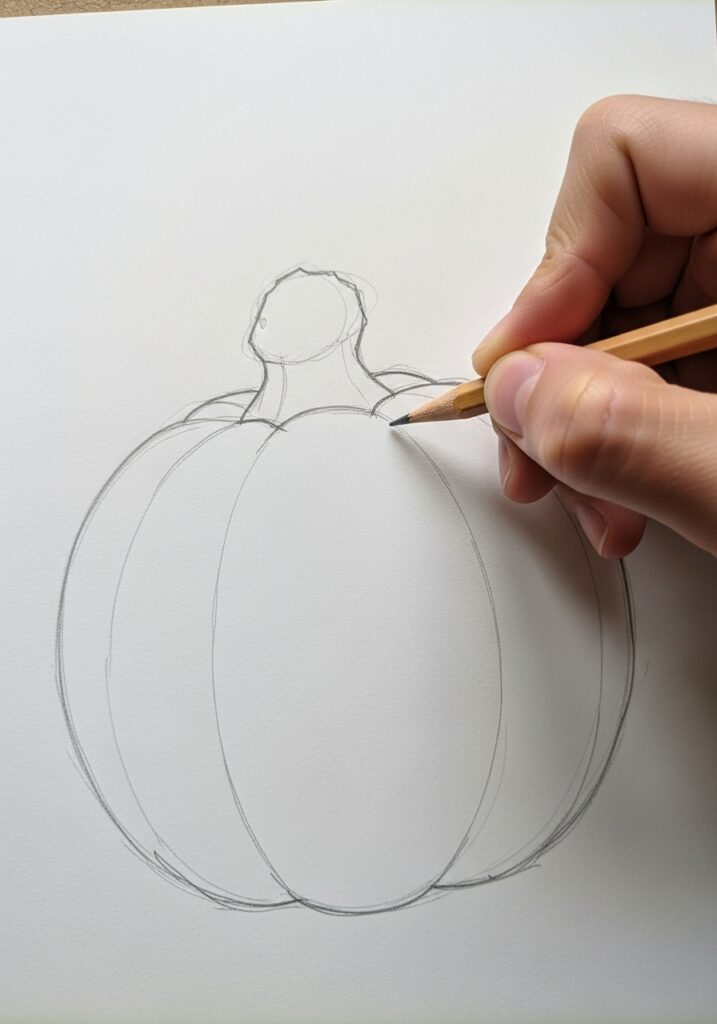 ai-generated-step_1__the_basic_shape___your-3 Hand drawing a pumpkin sketch with a pencil on paper. | Sky Rye Design Hand drawing a pumpkin sketch with a pencil on paper.