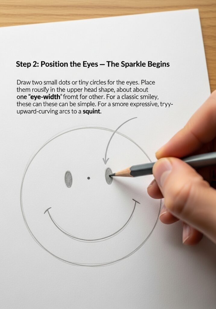 Hand drawing smiley face with pencil, step 2: Position eyes for art tutorial.