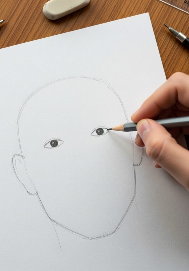 Artist sketching a face, focusing on the eyes with a pencil on white paper, eraser in view.