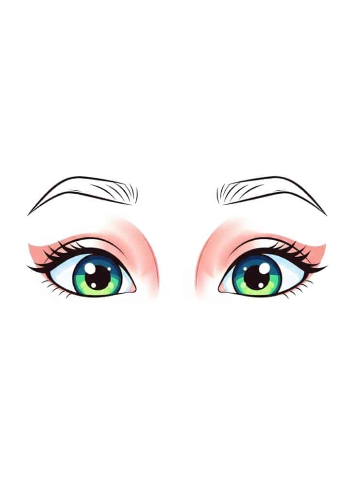 Illustration of vibrant green and blue anime eyes with defined eyelashes and eyebrows on a white background.