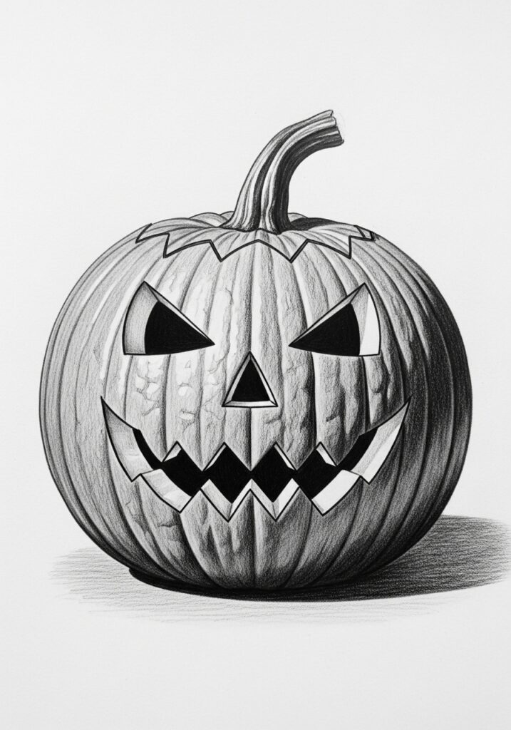 ai-generated-step_6__adding_depth_and_dimen-1 Black and white sketch of a Halloween jack-o'-lantern with a carved face and a curved stem. | Sky Rye Design Black and white sketch of a Halloween jack-o'-lantern with a carved face and a curved stem.