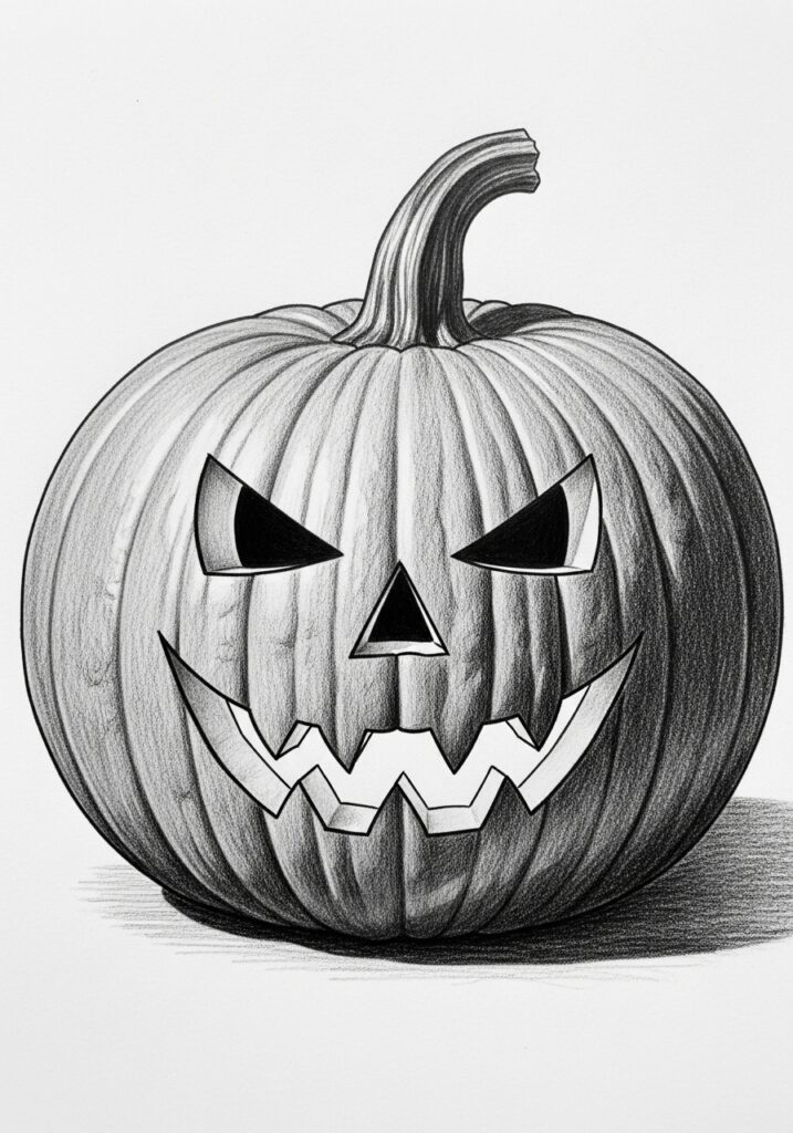 ai-generated-step_6__adding_depth_and_dimen-3 Drawing of a carved jack-o'-lantern with an eerie face, perfect for Halloween decoration. | Sky Rye Design Drawing of a carved jack-o'-lantern with an eerie face, perfect for Halloween decoration.