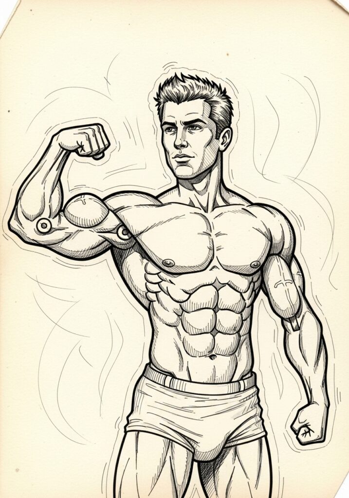 Illustrated muscular man flexing bicep, showcasing defined abs and physique in bodybuilding pose.