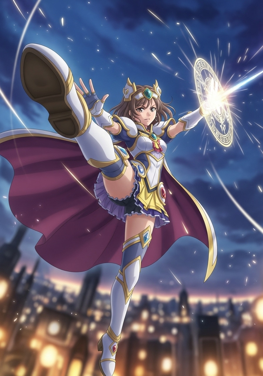 Anime warrior in dynamic pose with magical shield, night cityscape background, wearing armor and cape, vibrant action.
