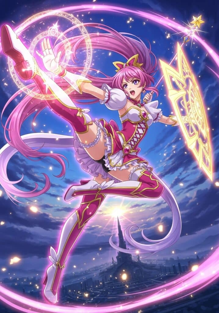 Anime warrior with pink hair and magical armor, casting spells in a dynamic pose against a twilight sky.
