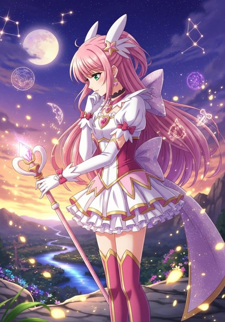 Anime girl with pink hair and magical staff in a starry night scene with floating constellations and moon.