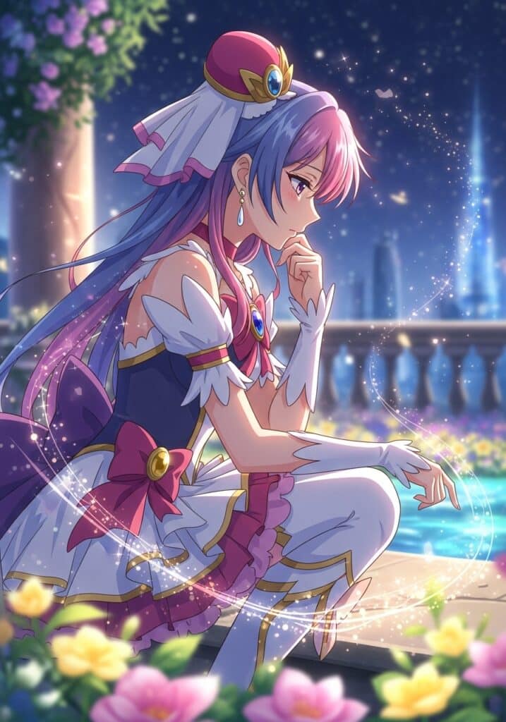 Anime character in magical attire, contemplating by a shimmering pool under a starry night sky.